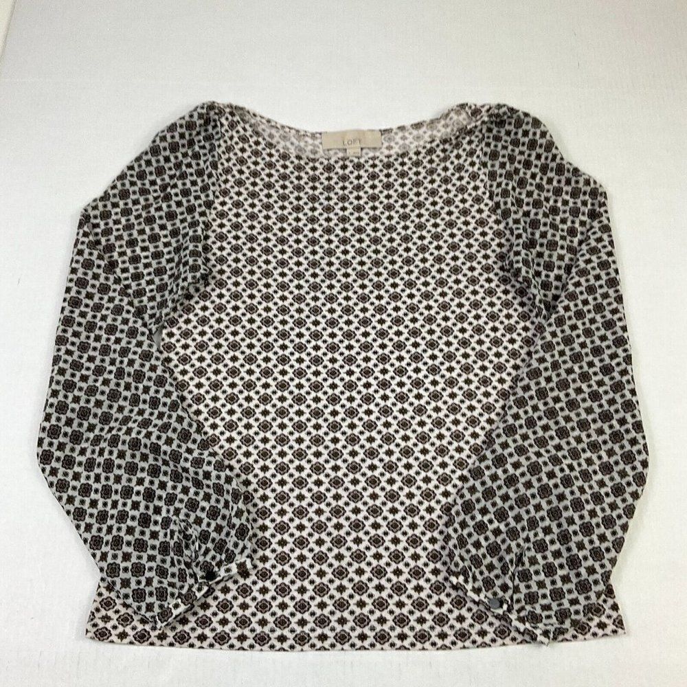LOFT Womens Blouse Printed Sheer Long Sleeve Boat Neck Top Casual Shirt S Small